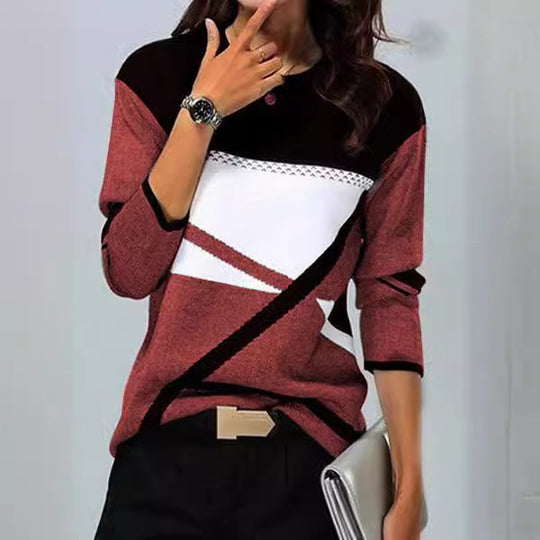 Damen Locker geschnittener Strickpullover mit geometrischem Colorblock und dreiviertelärmeln Shop Nory