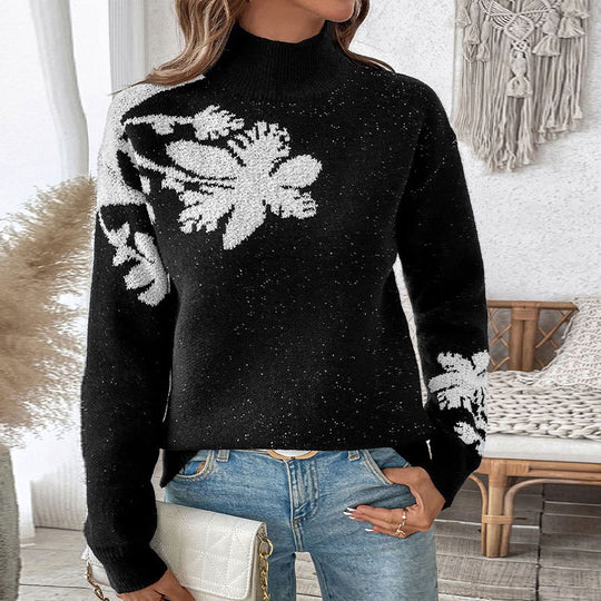 Damen Troyer-Pullover mit hohem Kragen und floraler Jacquard-Intarsie Shop Nory