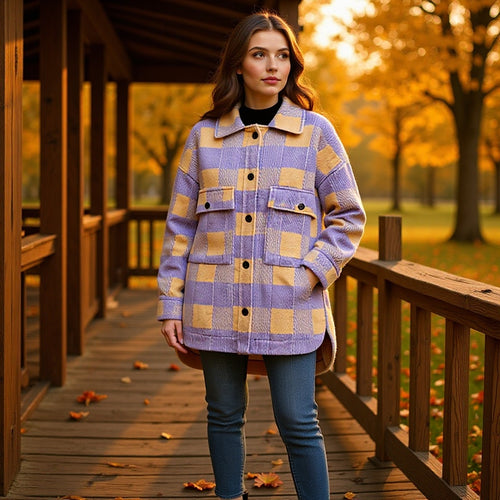 Damen Oversized Hemdjacke im Karo mit großen Pattentaschen und gerundetem Saum Shop Nory