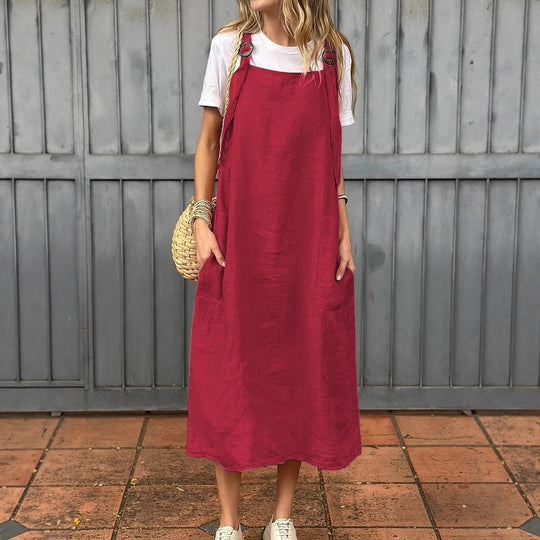 Damen lässiges Leinenkleid mit praktischen Taschen und verstellbaren Trägern