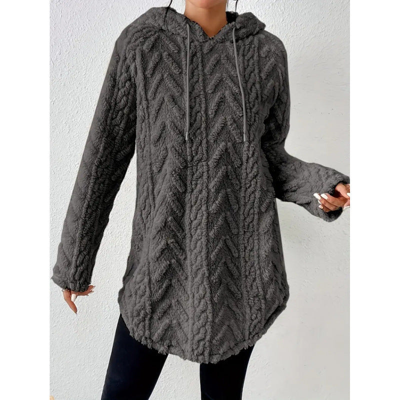 Damen Kuscheliger Teddy-Hoodie mit Zopfmuster Tunnelzug und gerundetem Saum Shop Nory