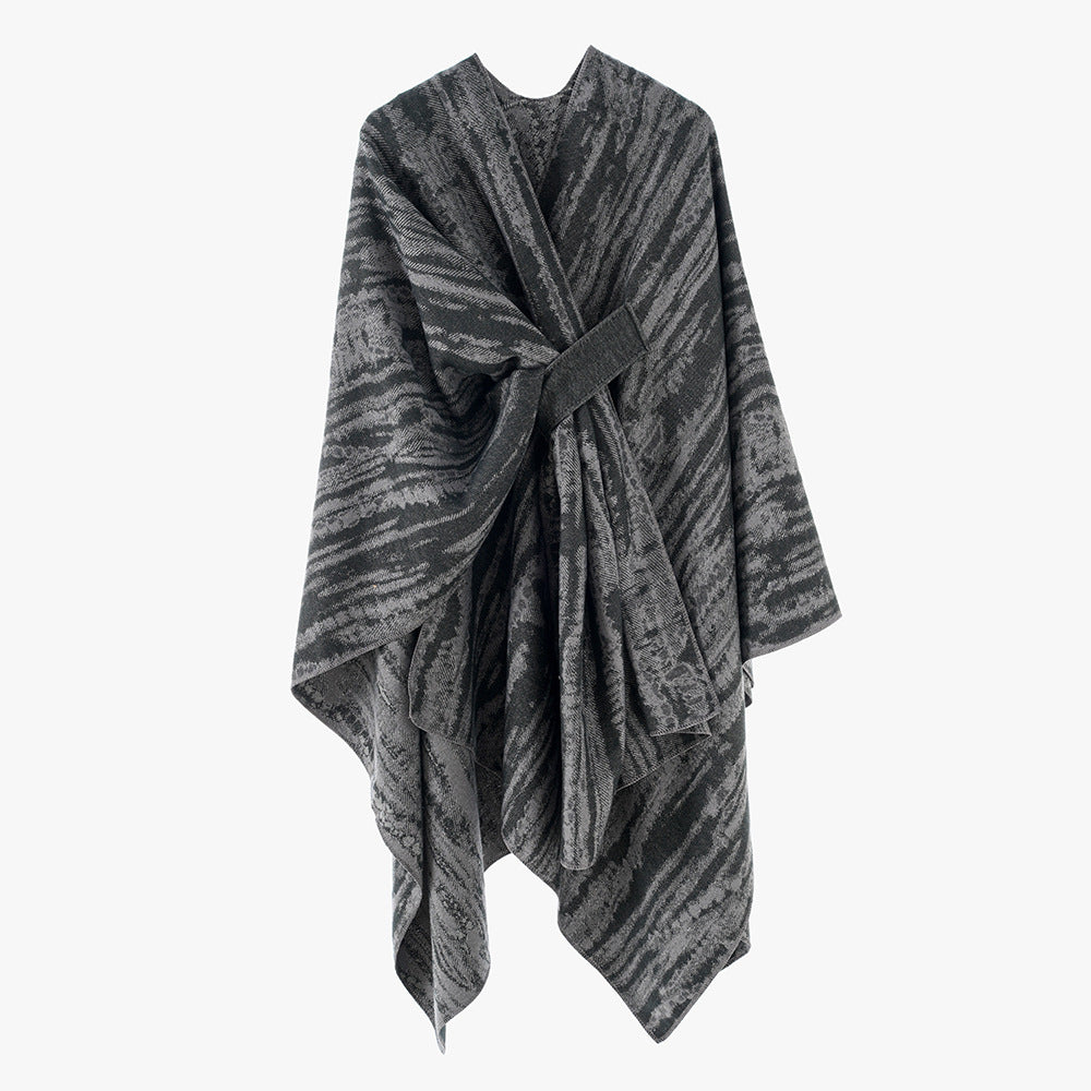 Damen Jacquard-Capeponcho mit dekorativem Bindegürtel und asymmetrischem Saum Shop Nory