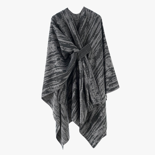 Damen Jacquard-Capeponcho mit dekorativem Bindegürtel und asymmetrischem Saum Shop Nory