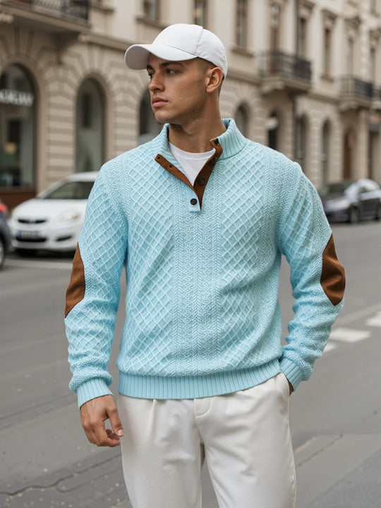 Herren Troyer-Pullover mit Stehkragen, strukturierter Strickoptik und Kontrast-Ellbogenpatches Shop Nory