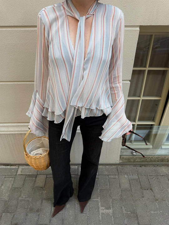 Damen Gestreifte Chiffon-Bluse mit Bindeschleife, Volant-Saum & Glockenärmeln Shop Nory