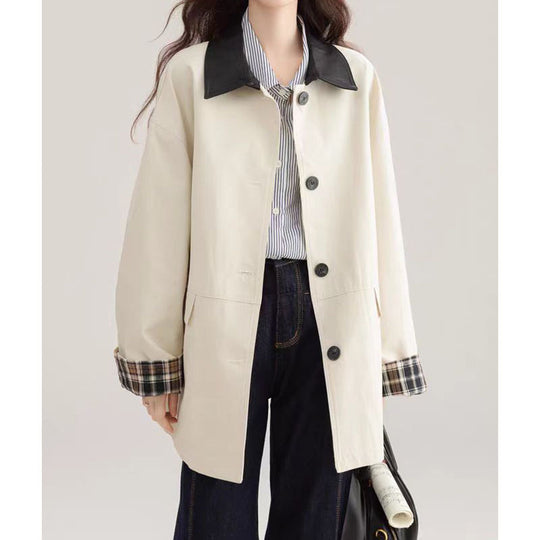 Damen Kurz-Boxy-Jacke im Trenchstil mit kontrastkragen und verstellbaren Manschetten Shop Nory