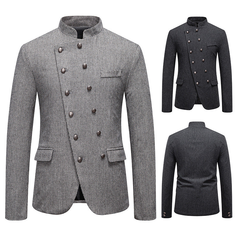 Herren Doppelreihiges Sakko im Military‑Stil mit Stehkragen und feiner Hahnentrittstruktur Shop Nory