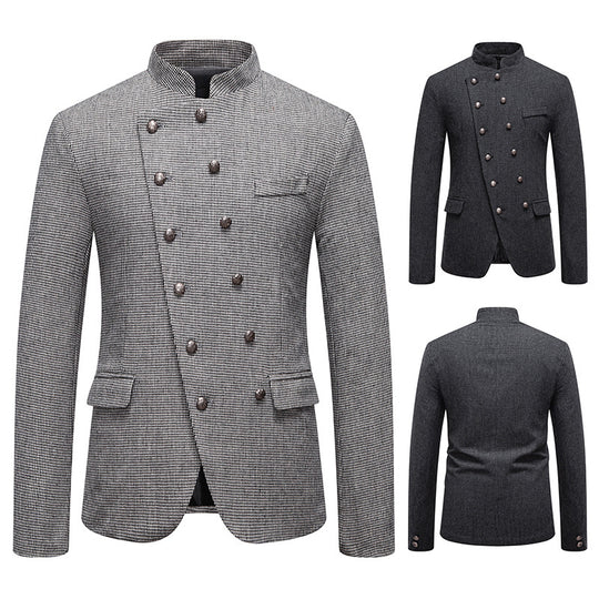 Herren Doppelreihiges Sakko im Military‑Stil mit Stehkragen und feiner Hahnentrittstruktur Shop Nory