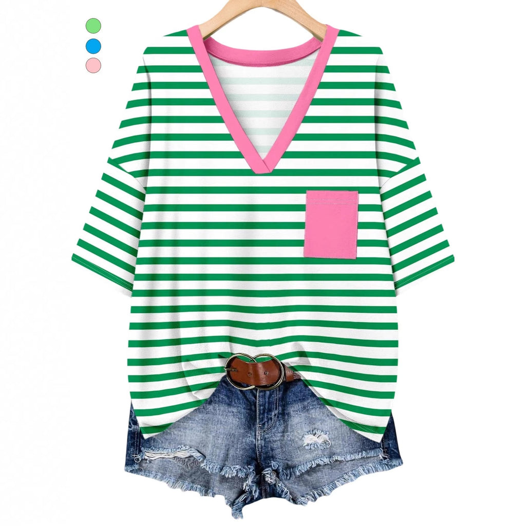Damen lässiges V-Neck T-Shirt mit Streifen-Design
