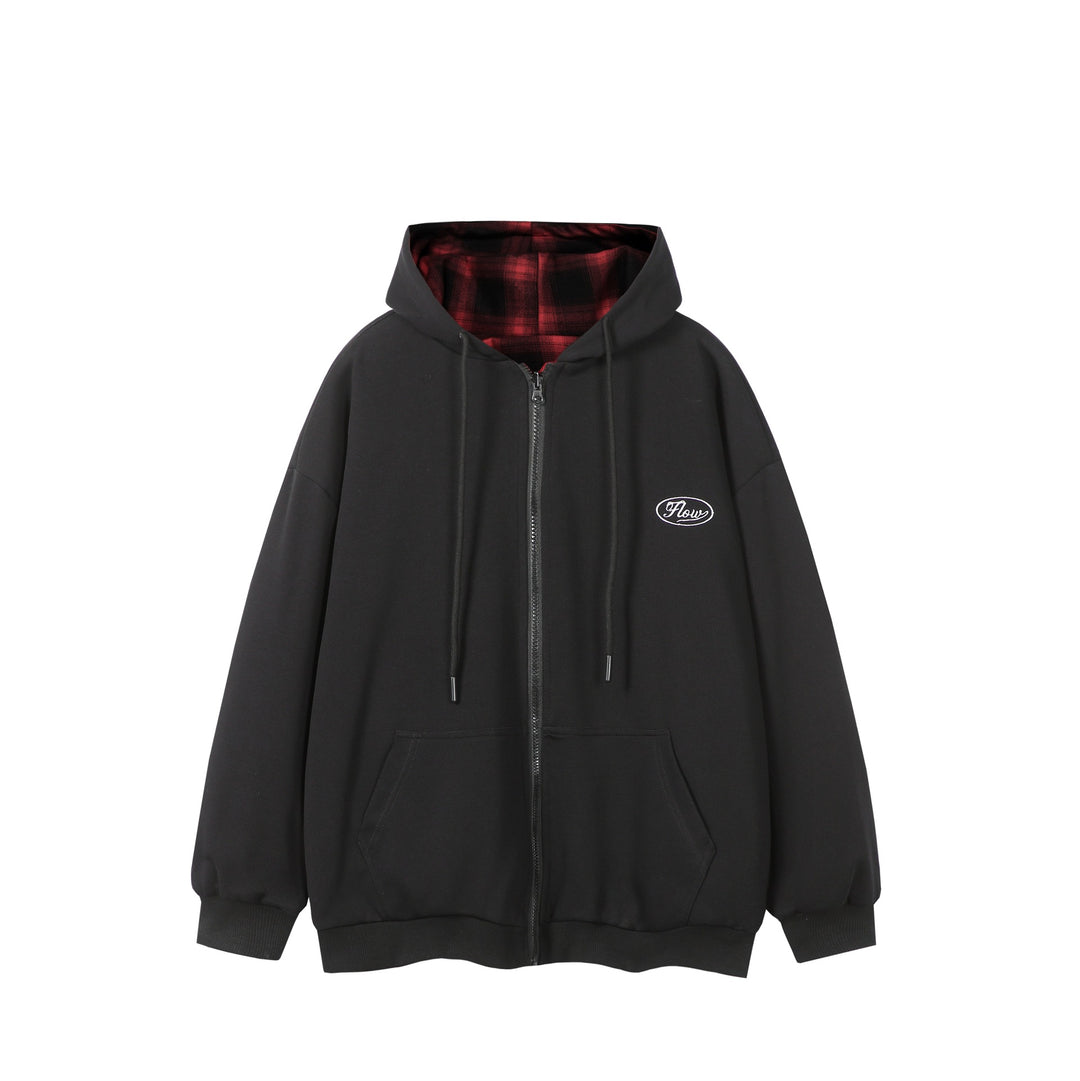 Unisex Oversize-Kapuzenzipjacke mit karierter Kapuzenfütterung und Kängurutaschen Shop Nory