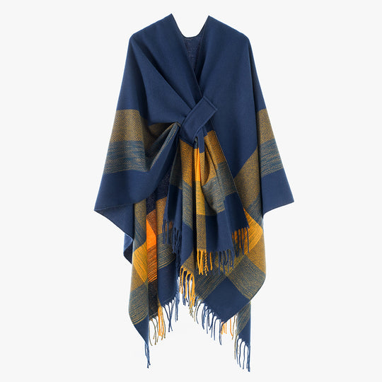 Damen Cape‑Poncho aus Wollmix mit Schlitzgürtel, geometrischem Jacquard und Fransensaum Shop Nory