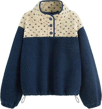 Damen Teddy-Fleece-Pullover mit Stehkragen, Druckknopfverschluss und Kordelzug Shop Nory