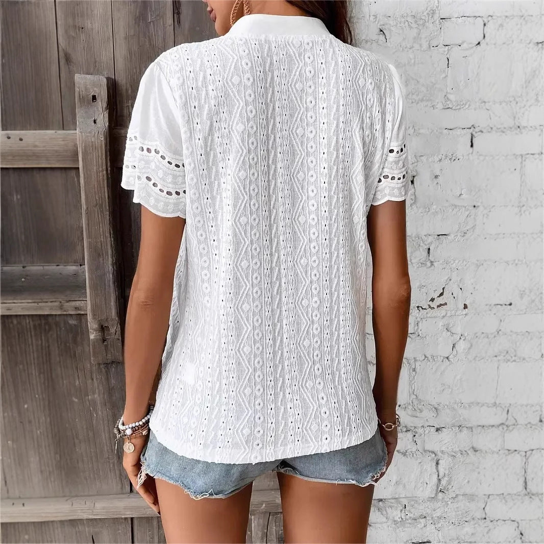 Damen elegantes Kurzarm-Bluse mit feiner Stickerei