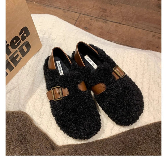 Damen Gefütterte Teddy-Flausch Mules mit verstellbarer Metallschnalle und Fersenriemen Shop Nory