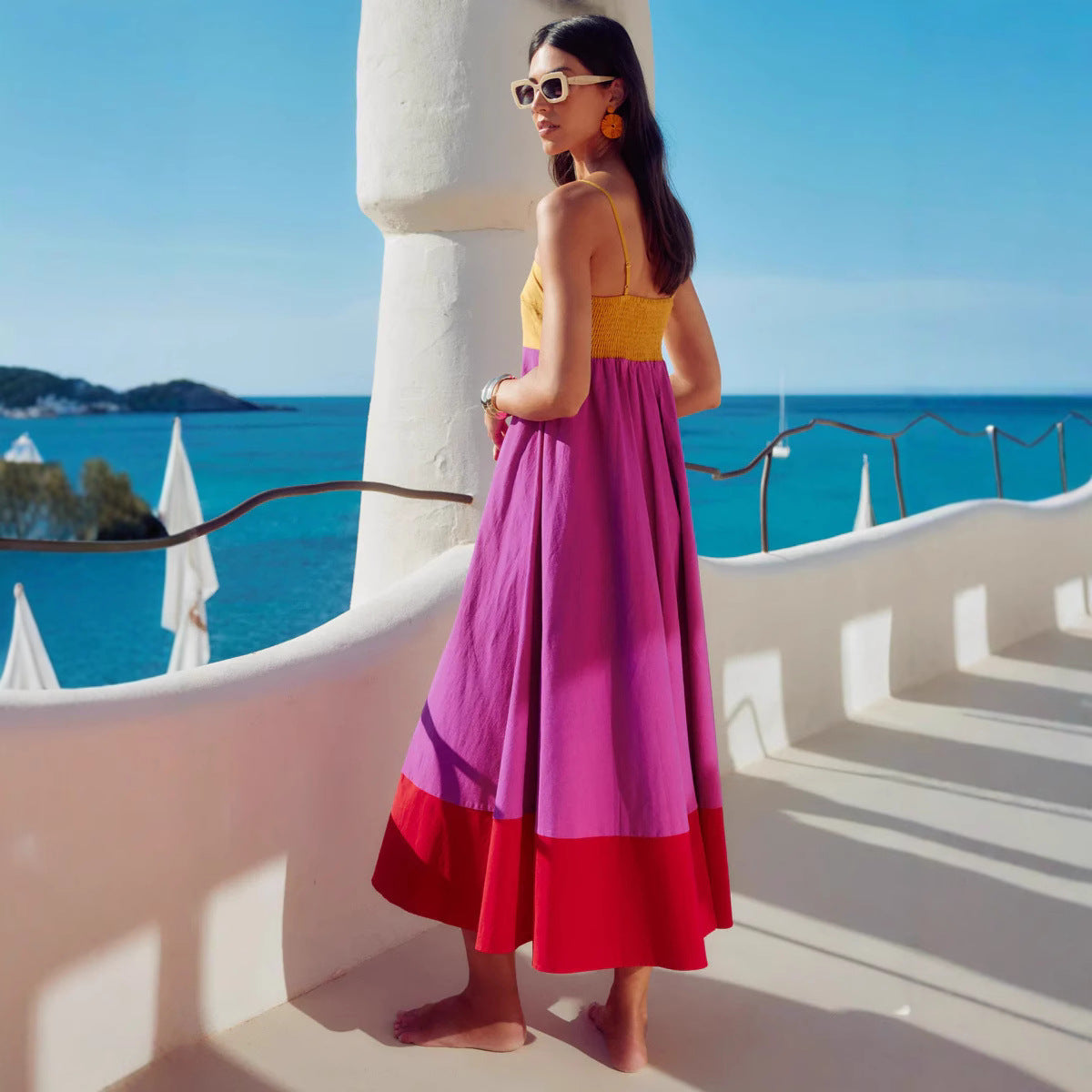 Damen Maxikleid mit farbenfrohem Blockdesign und verstellbaren Spaghettiträgern