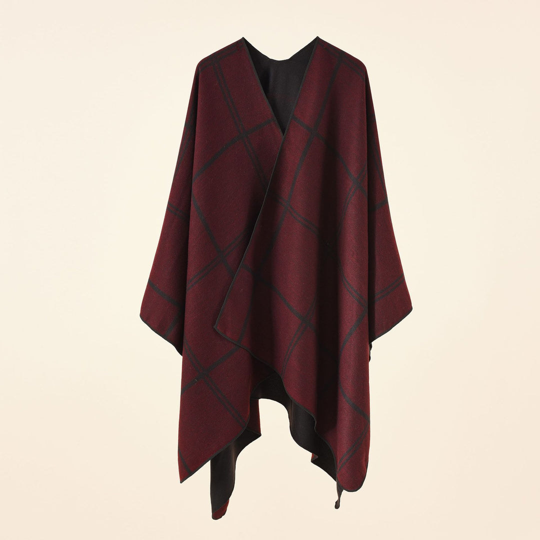 Damen Leichter Karierter Wollmix-Ruana Poncho mit V-Ausschnitt Shop Nory