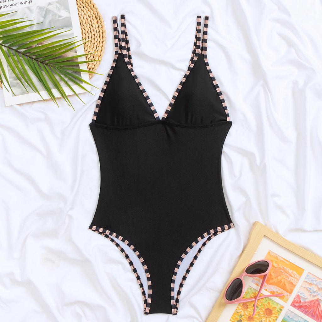 Damen Eleganter Einteiler Badeanzug mit stylischem V-Ausschnitt und Karodetails