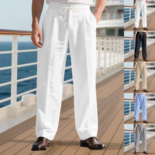 Herren nan legere Leinen-Bundfaltenhose mit elastischem Bund und Kordelzug