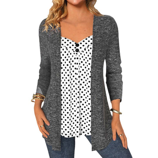 Damen Offener Longcardigan mit integriertem Tupfen-Einsatz und figurumspielender Innenbluse Shop Nory