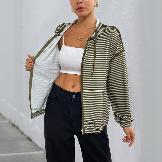 Damen Gestreifte Kapuzenjacke mit Reißverschluss, Tunnelzug und Elastischen Bündchen Shop Nory