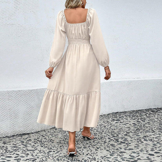 Damen gerafftes Midikleid mit Smok-Taillenbund, eckigem Ausschnitt, langen Puffärmeln und stufigem Volantrock Shop Nory