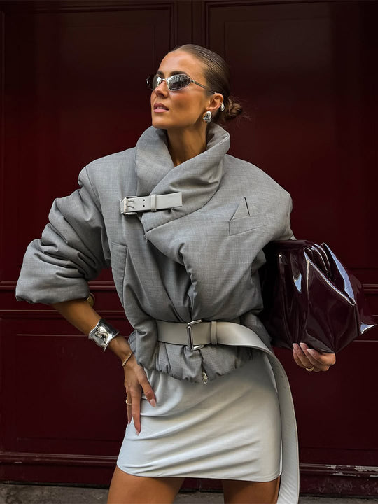 Damen wattierter Oversize-Blazer mit hohem Schalkragen und Taillengürtel Shop Nory