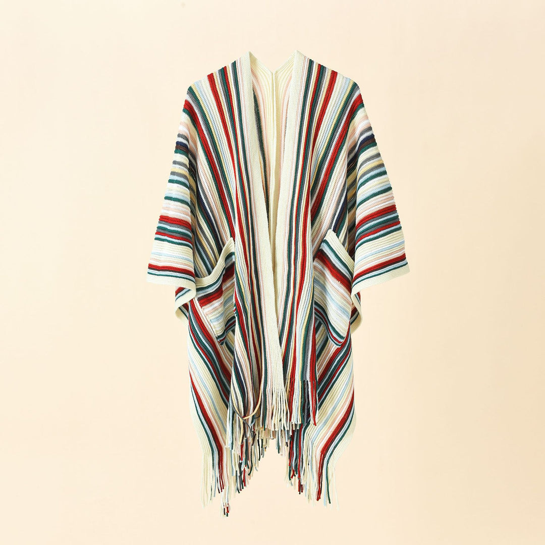 Damen Gestreifter Strickponcho mit Fransen und Eingrifftaschen Shop Nory