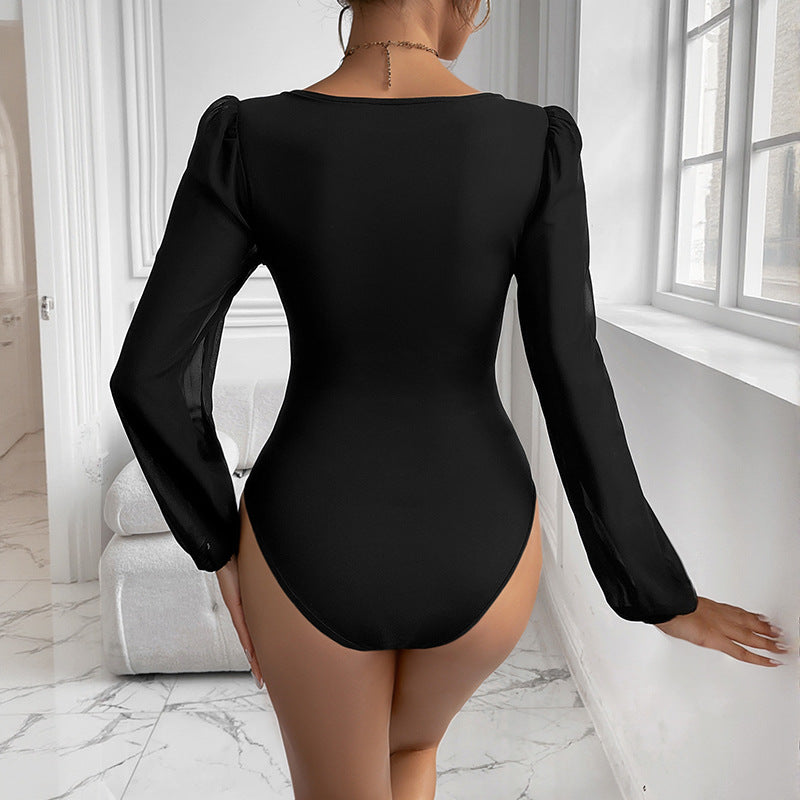 Damen Eleganter Bodys mit V-Ausschnitt und Puffärmeln Shop Nory