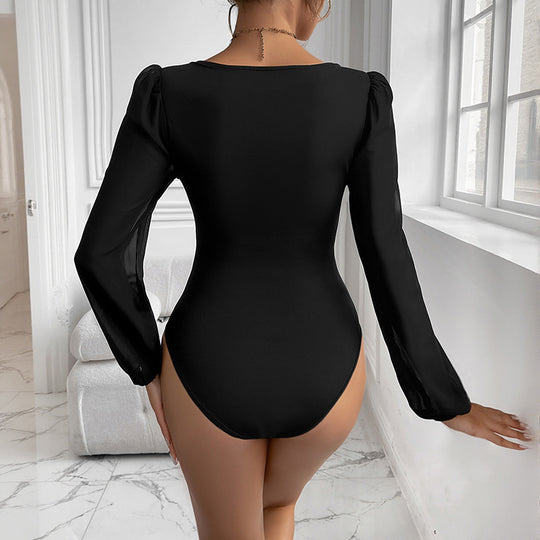 Damen Eleganter Bodys mit V-Ausschnitt und Puffärmeln Shop Nory