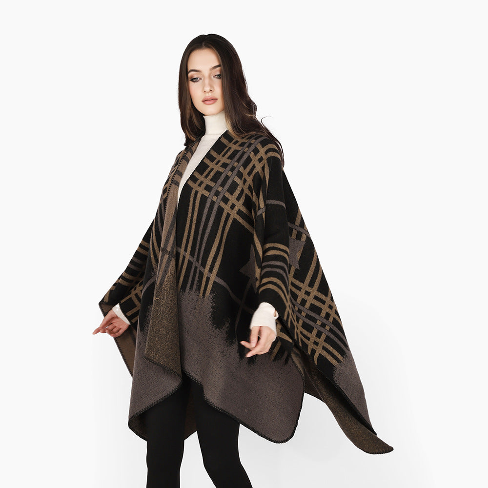 Damen Oversize-Capeponcho aus Wollmix mit Stern- und Karojacquard und weichfallendem Fall Shop Nory