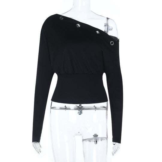 Damen schulterfreier Feinstrick-Pullover mit Ösen-Detail und tailliertem Rippbund Shop Nory