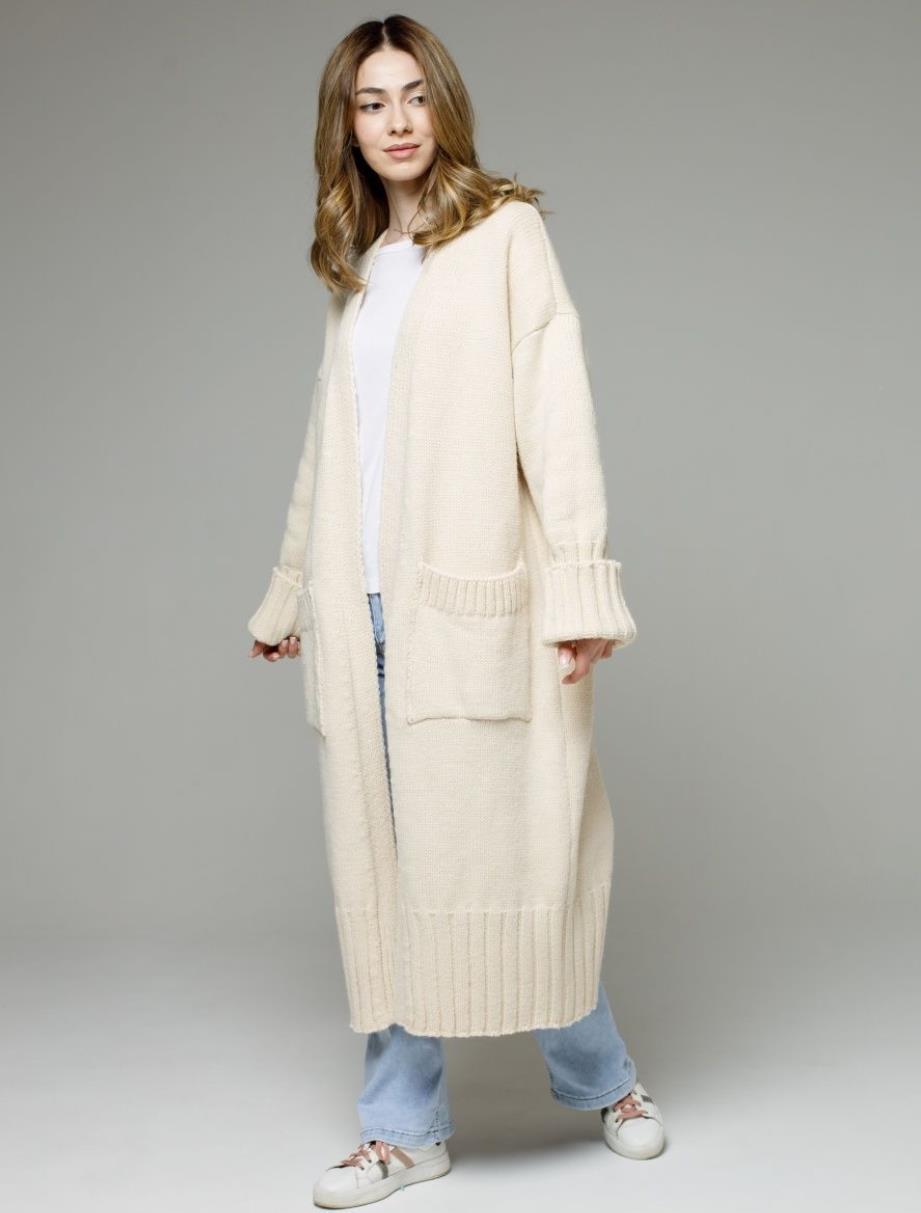 Damen bequemer langer Strickcardigan mit Taschen und breiten Ärmeln