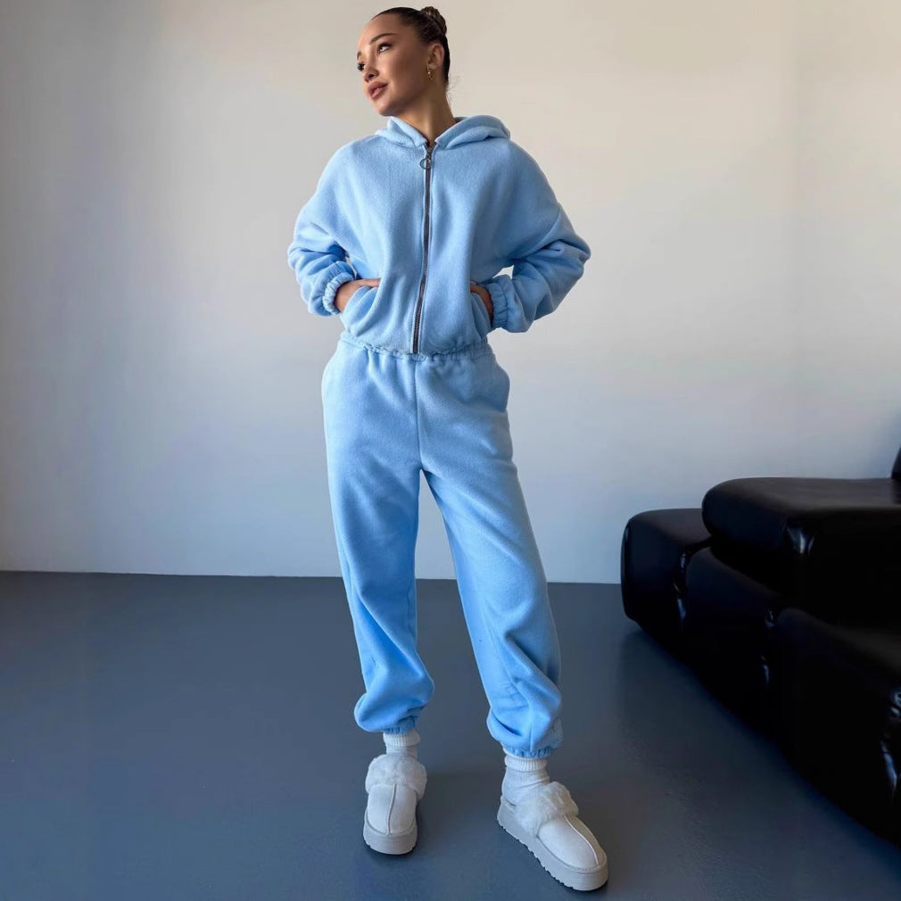 Damen kuscheliges Fleece-Hoodie und Jogginghose Lounge-Set mit Reißverschluss Kapuze elastischem Bund Shop Nory