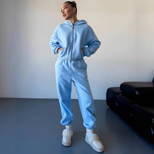 Damen kuscheliges Fleece-Hoodie und Jogginghose Lounge-Set mit Reißverschluss Kapuze elastischem Bund Shop Nory