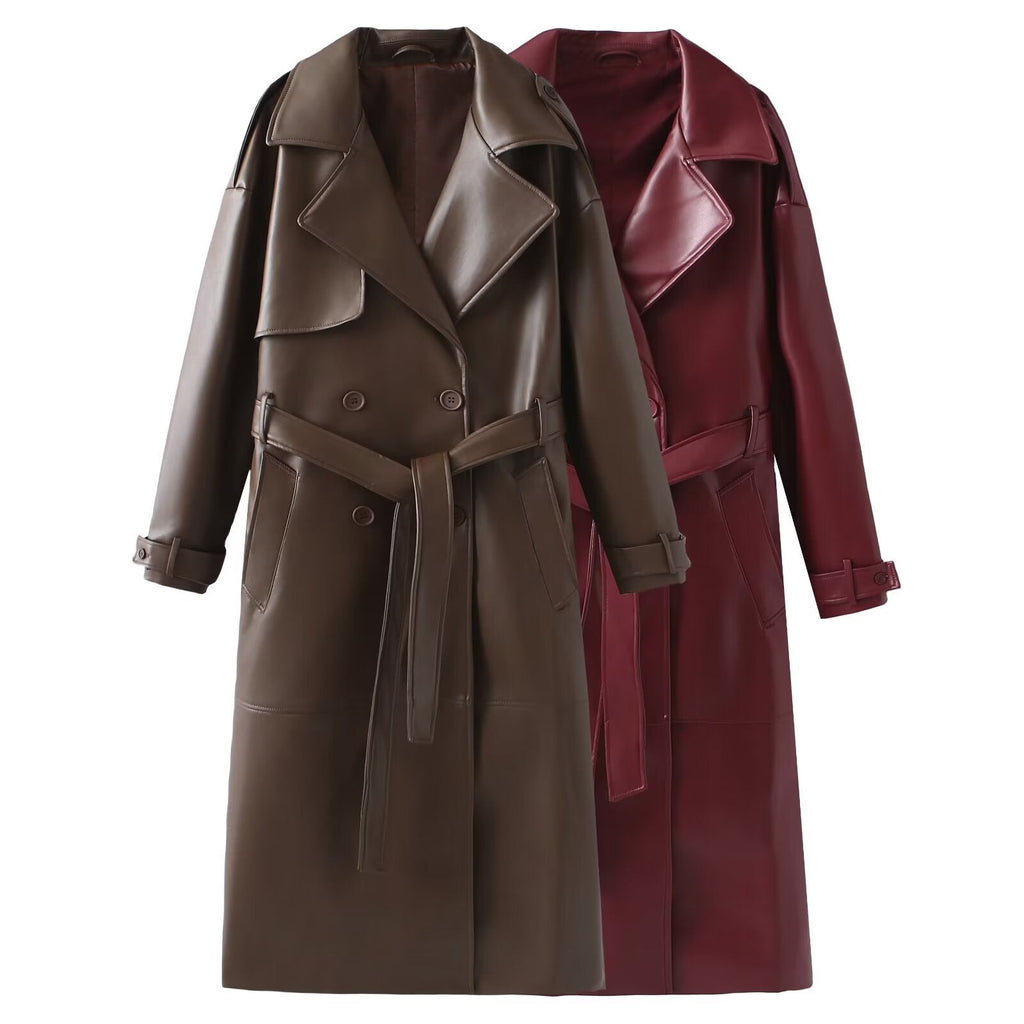 Damen Kunstleder-Trenchcoat mit modischem Schnitt und praktischen Taschen