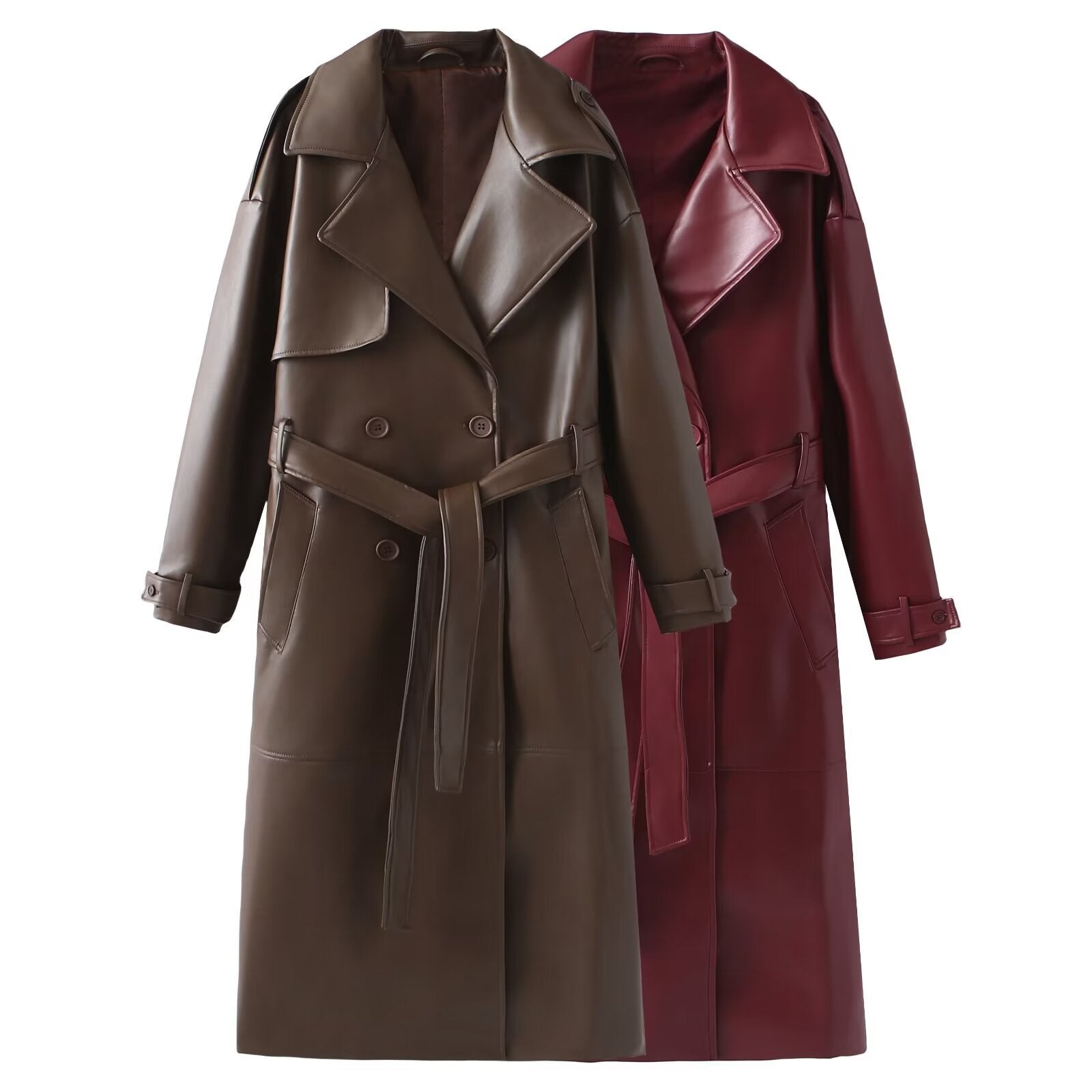 Damen Kunstleder-Trenchcoat mit modischem Schnitt und praktischen Taschen