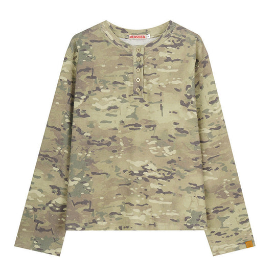 Damen Langarm-Henleyshirt im Waffelstrick mit Militär-Camouflage-Print und Knopfleiste Shop Nory