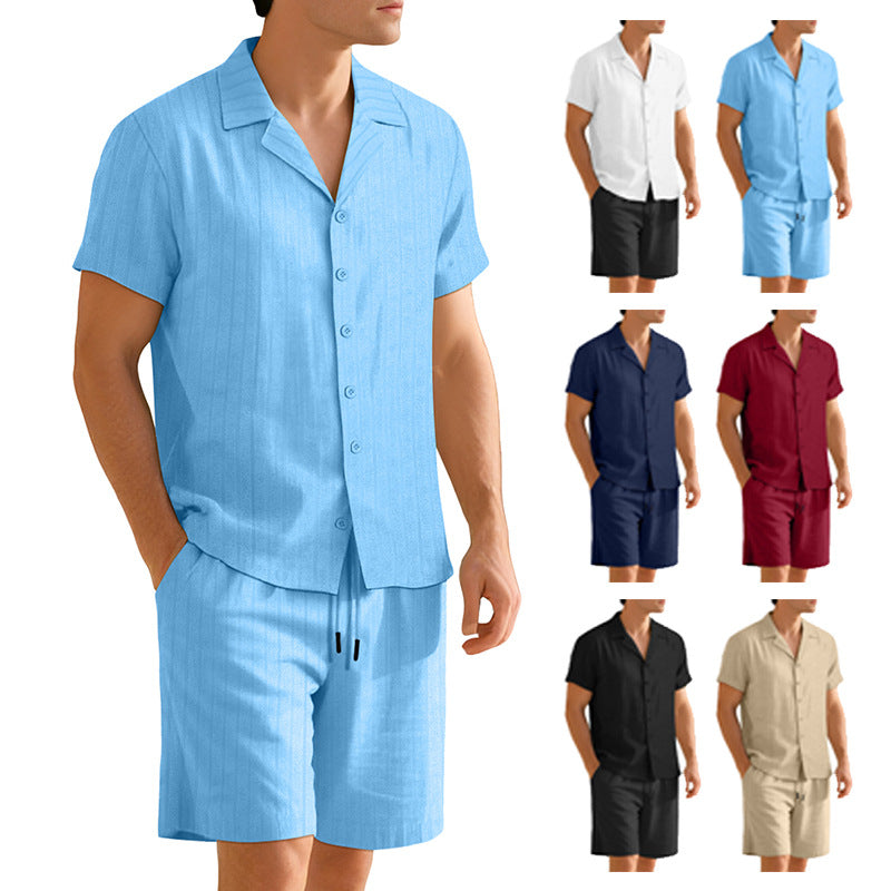 Herren nan Rippenstrick Lounge-Set mit Reverskragen Kurzarmhemd und Komfort-Bermuda Shopnory