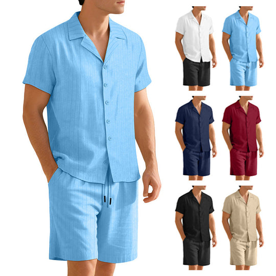 Herren nan Rippenstrick Lounge-Set mit Reverskragen Kurzarmhemd und Komfort-Bermuda Shopnory