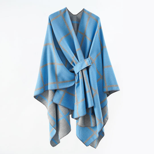 Damen Oversize Poncho aus Feinstrick mit Taillengürtel und Karomuster Shop Nory