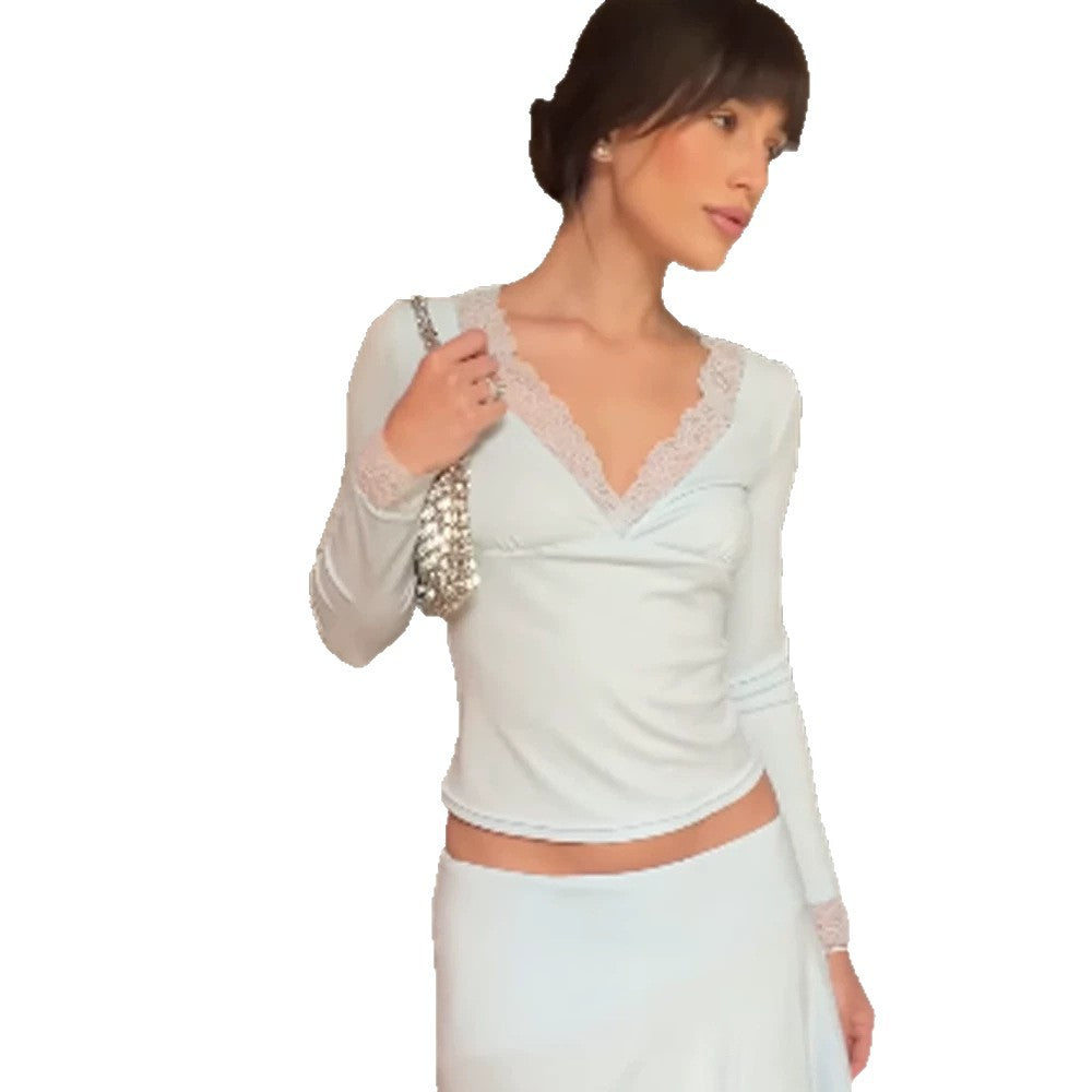 Damen Enganliegendes Langarm-Top mit tiefem Spitzen‑V‑Ausschnitt und feinen Manschetten Shop Nory