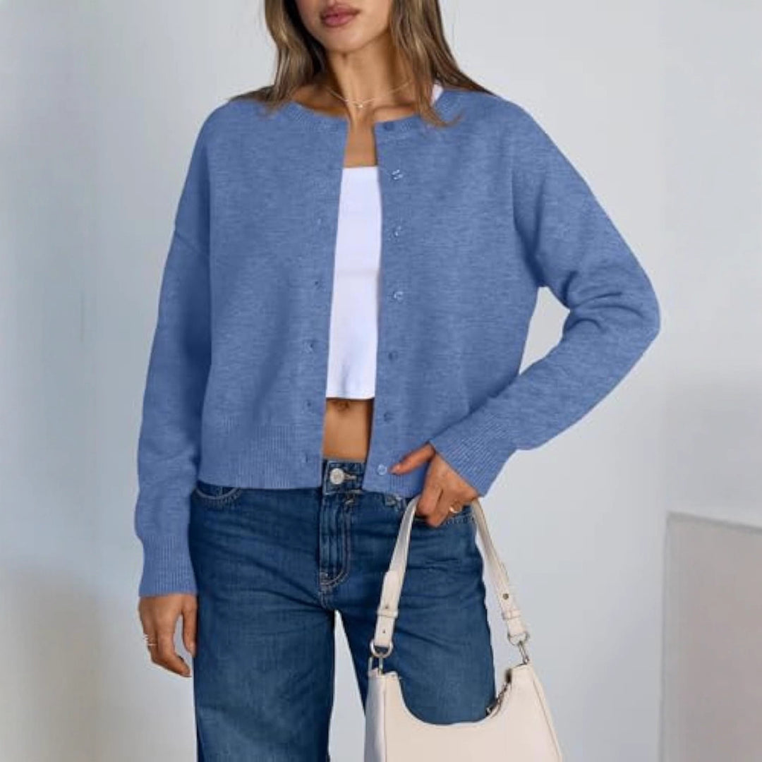 Damen Cropped Strickjacke im Boxy‑Schnitt mit Rundhals und Rippbündchen Shop Nory