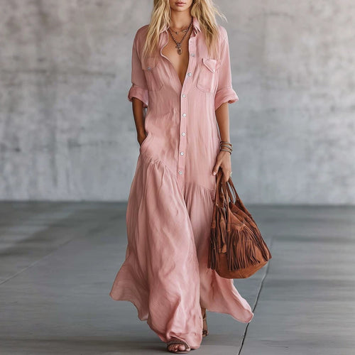 Damen Langes fließendes Hemdblusen-Maxikleid mit Knopfleiste, aufgesetzten Brusttaschen und seitlichen Eingrifftaschen Shop Nory