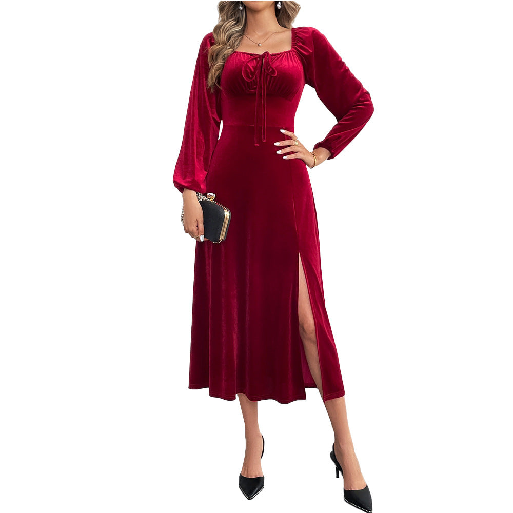 Damen elegantes Samt-Midikleid mit Binddetail am Bustier, taillierter Schnitt und seitlichem Oberschenkelschlitz Shop Nory