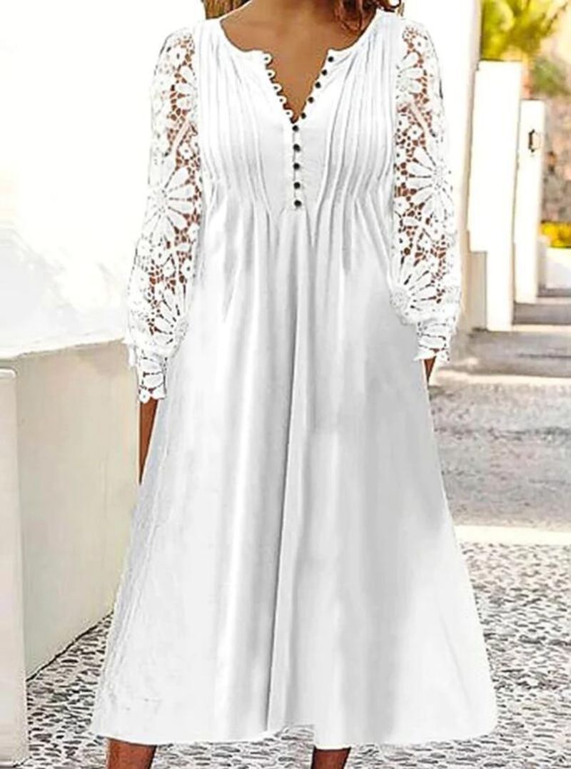 Damen Midikleid mit eleganter Lochspitzenärmel und Knopfleiste