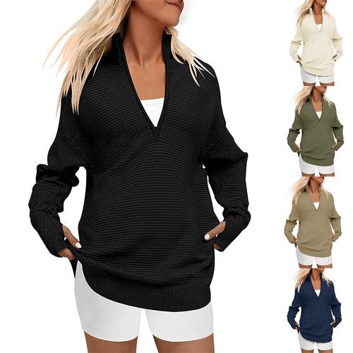 Damen Oversize-Feinstrickpullover mit halbem Reißverschluss, Stehkrragen und Daumenloch-Ärmeln Shop Nory