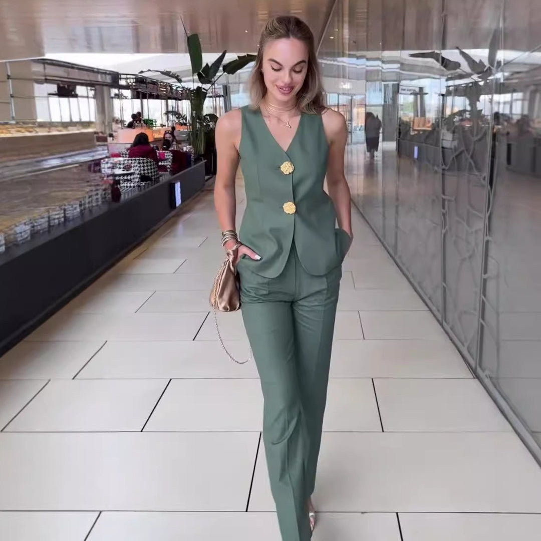 Damen Ärmelloses Tailoring-Set mit taillierter Weste, Zierknöpfen und weiter Palazzo-Hose Shop Nory