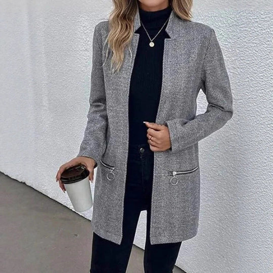 Damen Kastenmantel mit Fischgrätenstruktur, schlankem Stehkragen und Zier-Reißverschlusstaschen Shop Nory