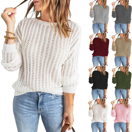 Damen Lockerer Ajour-Strickpullover mit Rundhalsausschnitt und Rippbündchen Shop Nory
