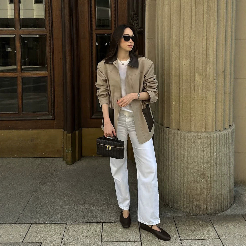 Damen Boxy-Fieldjacke mit kontrastkragen in Lederoptik und aufgesetzten Taschen Shop Nory